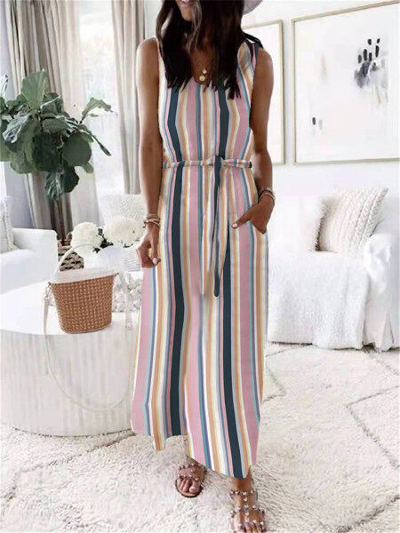 Loose Printed Waistband Belted Dress HFQYDE6QN6（Buy 8 items get 1 free sunglasses）