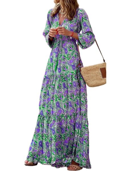 V-Neck Long Sleeve Bohemian Dress HFLBP6KUSW（Buy 8 items get 1 free sunglasses）