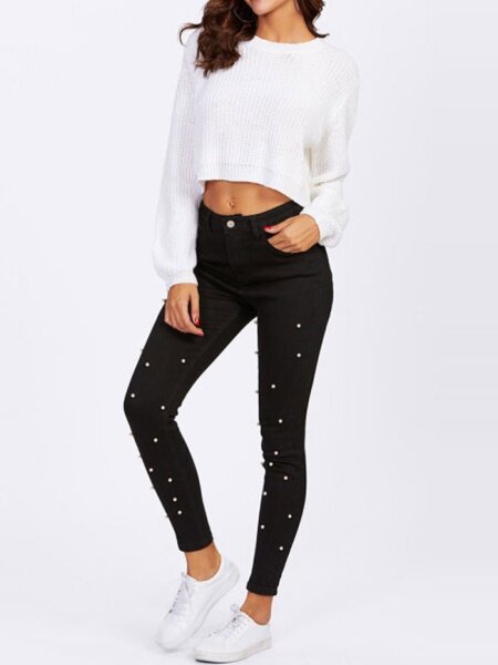 Stretchy Jeans with 3D Pearl Embellishments H7XHRDCPKN（Buy 8 items get 1 free sunglasses）