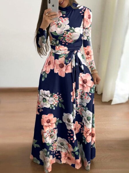 Floral Print Lace-Up Dress HFH83YPTLW（Buy 8 items get 1 free sunglasses）