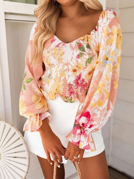 Balloon Sleeve Convertible Floral Shirt  H7ECT2CBYK (Buy 8 items get 1 free sunglasses)